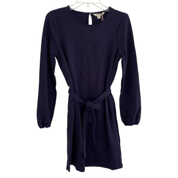 BODEN Classic Ponte Navy Blue Jersey Mini Shift Dress Long Sleeve Tie Waist NWT - Picture 3 of 6